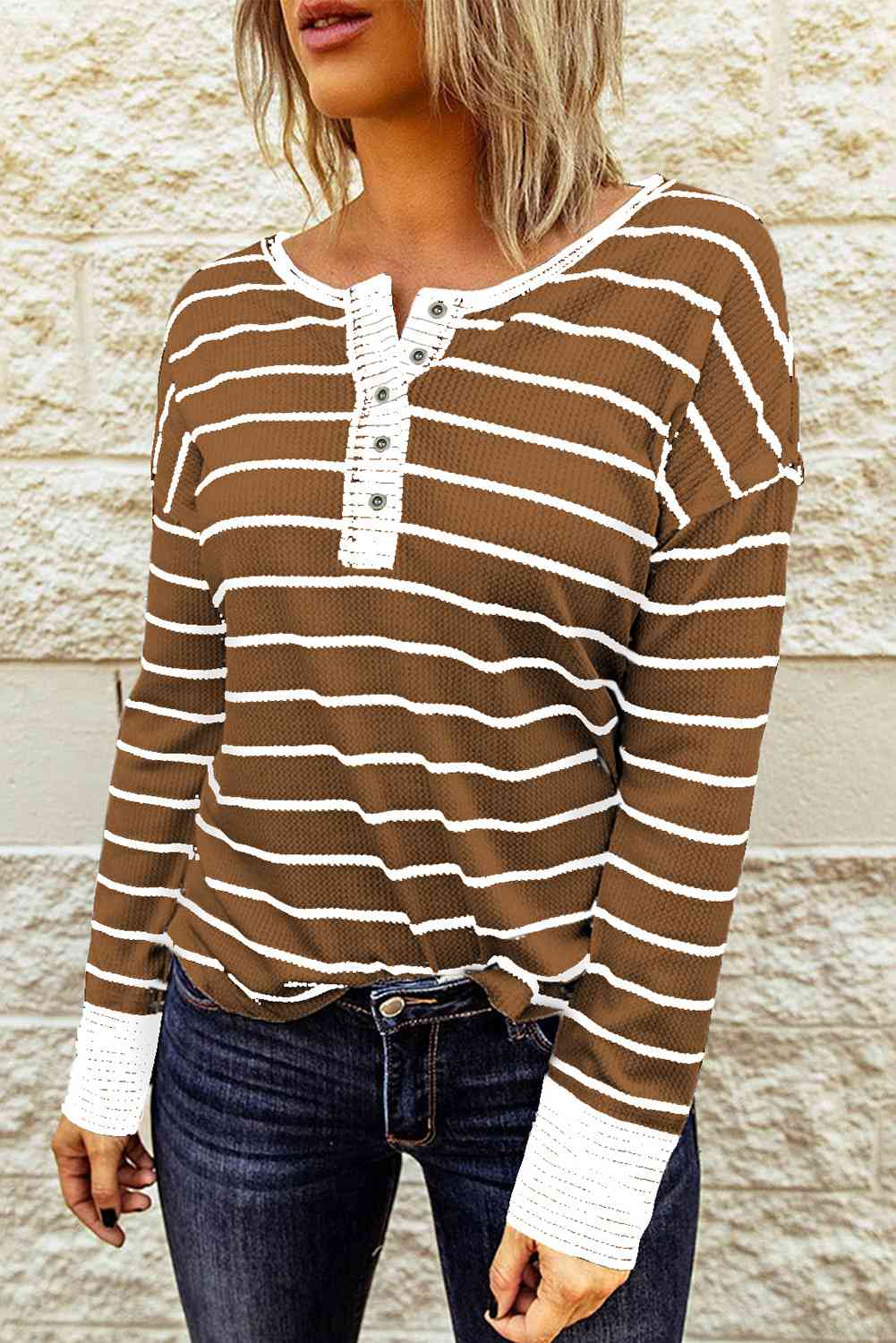 Molly - Striped Waffle Knit Henley