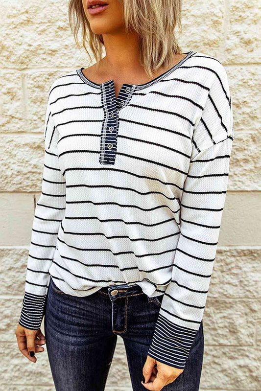 Molly - Striped Waffle Knit Henley