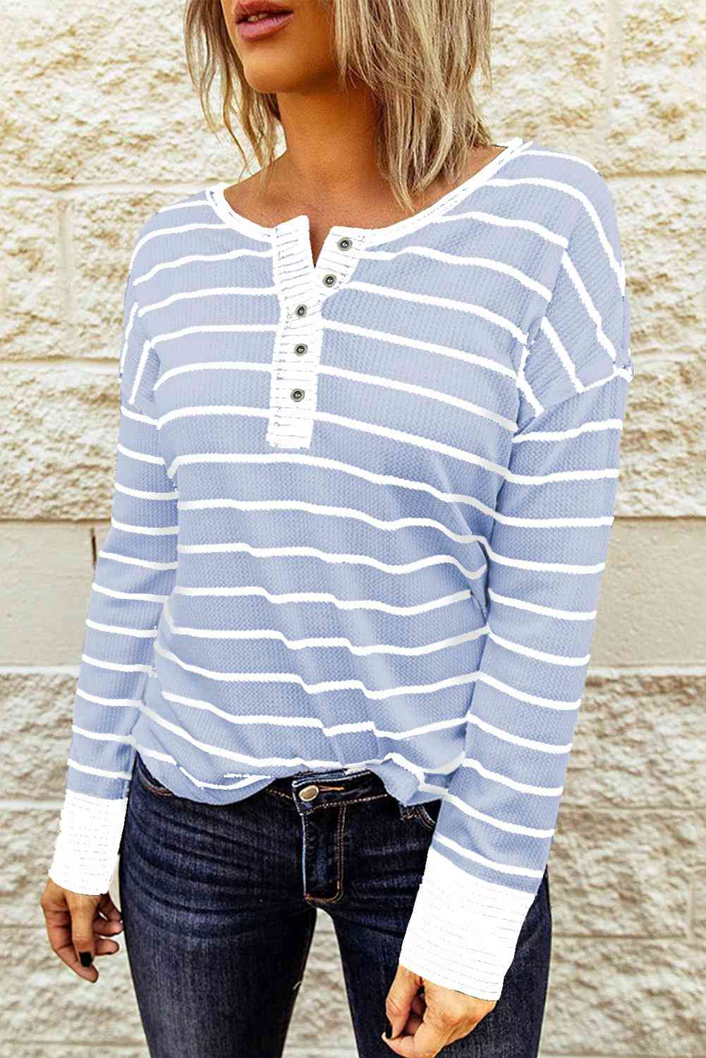 Molly - Striped Waffle Knit Henley