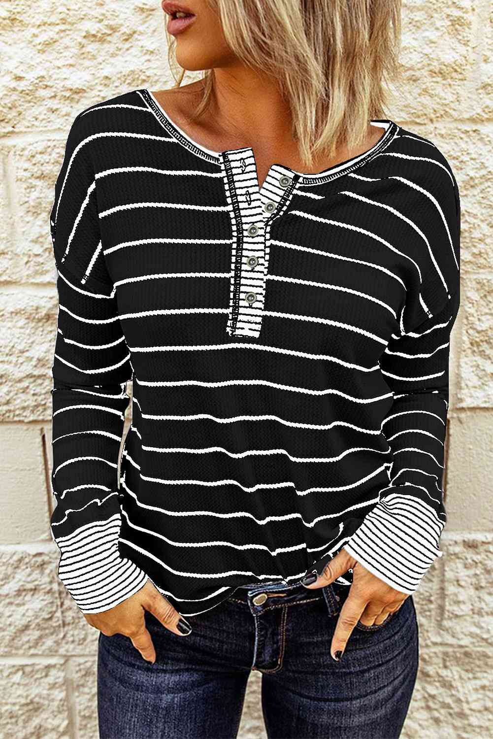 Molly - Striped Waffle Knit Henley