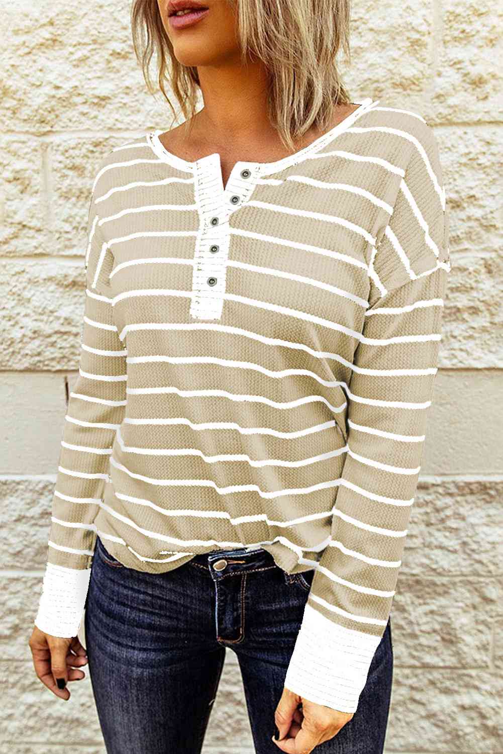 Molly - Striped Waffle Knit Henley