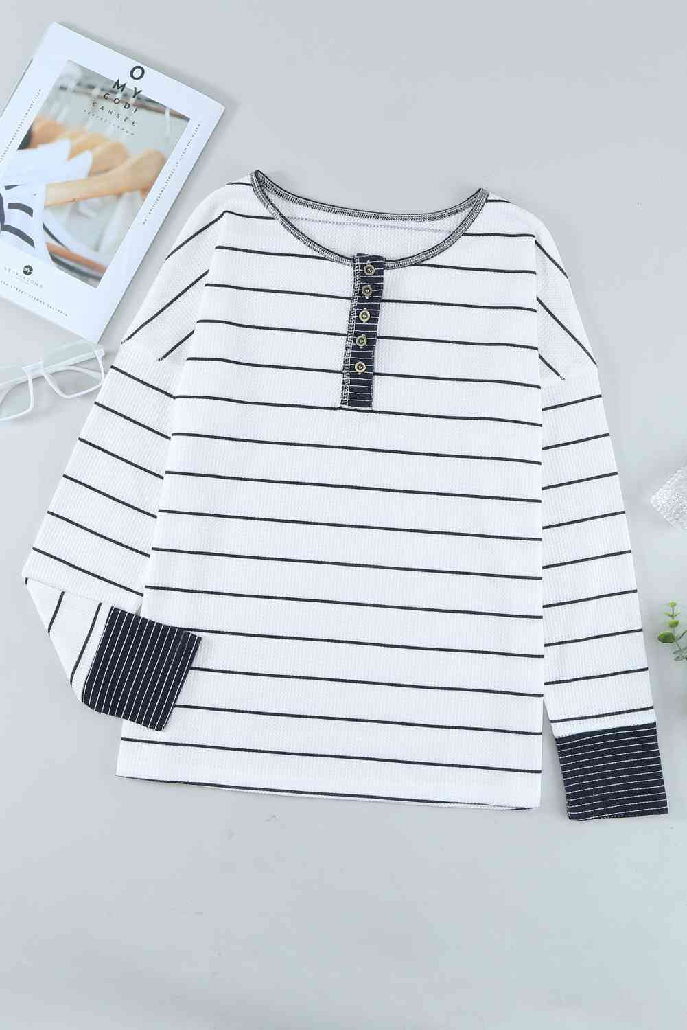 Molly - Striped Waffle Knit Henley