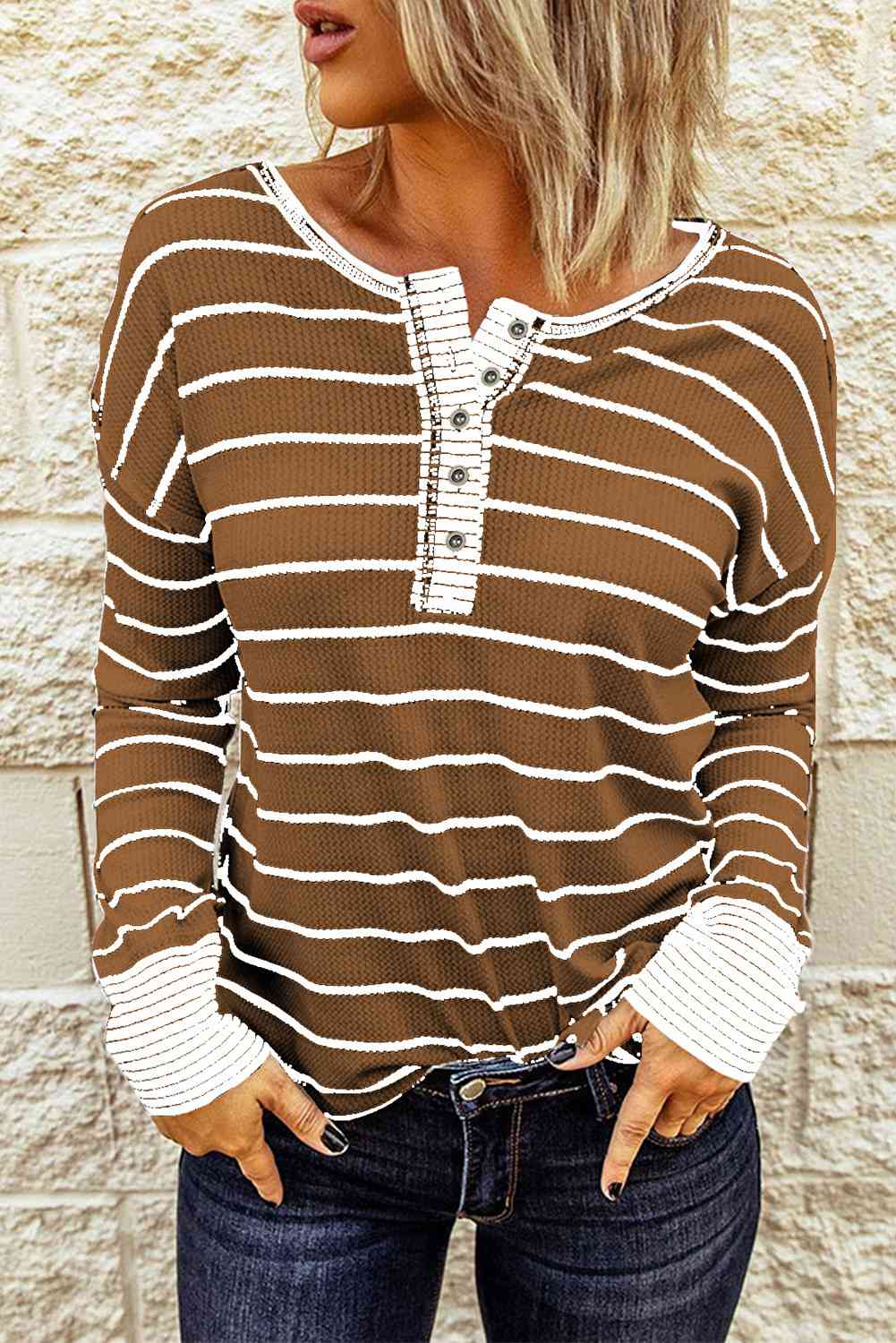 Molly - Striped Waffle Knit Henley