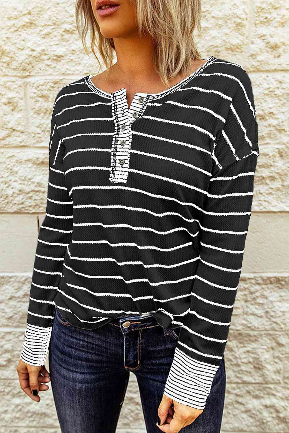 Molly - Striped Waffle Knit Henley