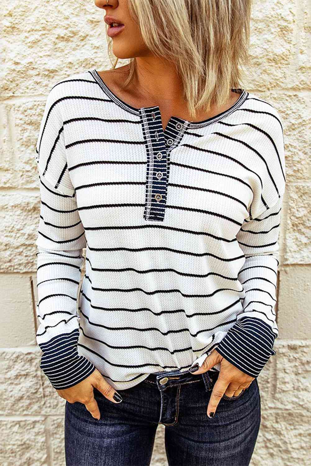 Molly - Striped Waffle Knit Henley